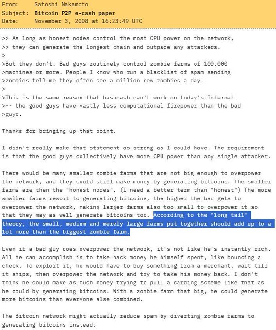 The image shows an email from someone named Nash Nakato, which appears to be a message about Bitcoin. The email contains text that references a game called "True Equilibrium" and talks about harnessing a 'long tail' for Bitcoin's subsidy. The content of the email is related to Bitcoin, as it discusses its principles and how they can be applied in games with finite strategy sets.