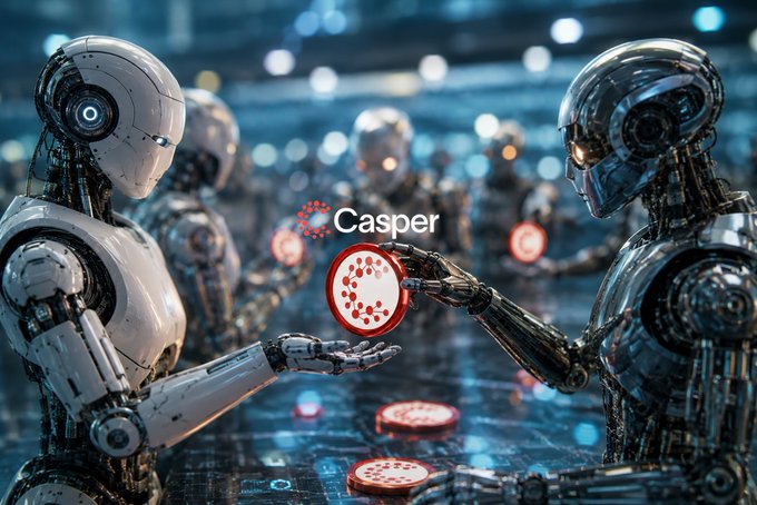 A futuristic digital artwork shows two humanoid robots facing each other, with one holding a Casper (CSPR) cryptocurrency token, set against a backdrop of additional robots and glowing red coins.