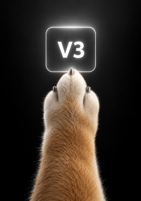 A furry animal paw pressing an illuminated 'V3' button against a black background.