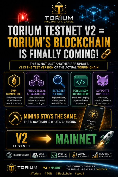 A promotional graphic for 'TORIUM TESTNET V2' with the headline 'TORIUM'S BLOCKCHAIN IS FINALLY COMING!'. It features features like 'EVM-COMPATIBLE', 'PUBLIC BLOCKS & TRANSACTIONS', 'EXPLORER & FAUCET', 'TORIUM SDK FOR BUILDERS', and 'SUPPORTS TOP TOOLS', along with a transition arrow from V2 TESTNET to MAINNET and hashtags #Torium #TOR #Blockchain #Web3.