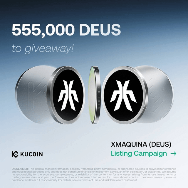 The image features two coins with a black and white logo of a letter "H" on them. The text above the coins reads "XMAQUINA (DEUS) Listing Campaign - 555,000 DEUS Giveaway!". This suggests that there is an event or promotion related to the coin collection happening in Deus, and the coins are being offered as prizes for participation.