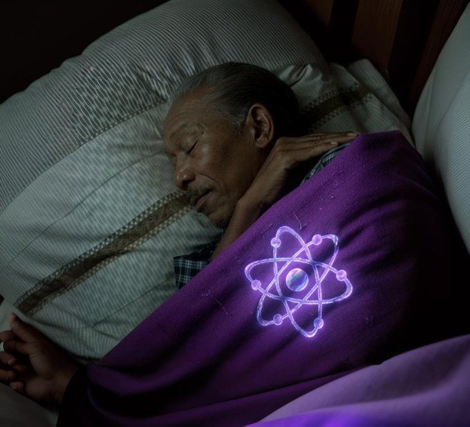 An elderly man rests peacefully under a purple blanket featuring a glowing atom symbol, visually tying into the $XPR cryptocurrency's branding. The image conveys a sense of calm and innovation, aligning with the accompanying $LOAN ticker reference.