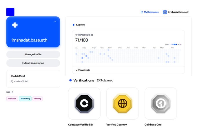 The image shows a screenshot of a website for "base.org", displaying information about Base Activity scores. The title of the web page reads "base.org/names" and there are logos indicating different aspects related to base activity, such as a coinbase wallet, an onchain score, and account details. These elements seem to be part of a display that allows users to see their own base activity score or check the scores of others. The screenshot is set against a dark background, which makes it stand out prominently in the image.