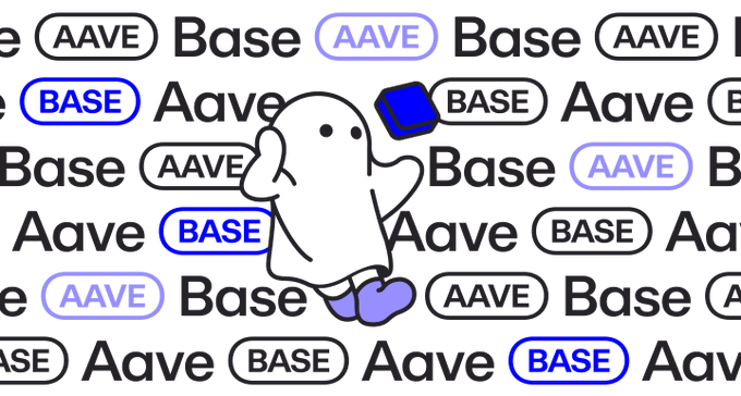 A graphic illustration of a ghost-like character carrying a blue book, set against a background tiled with 'AAVE' and 'BASE' labels in black, blue, and purple text.