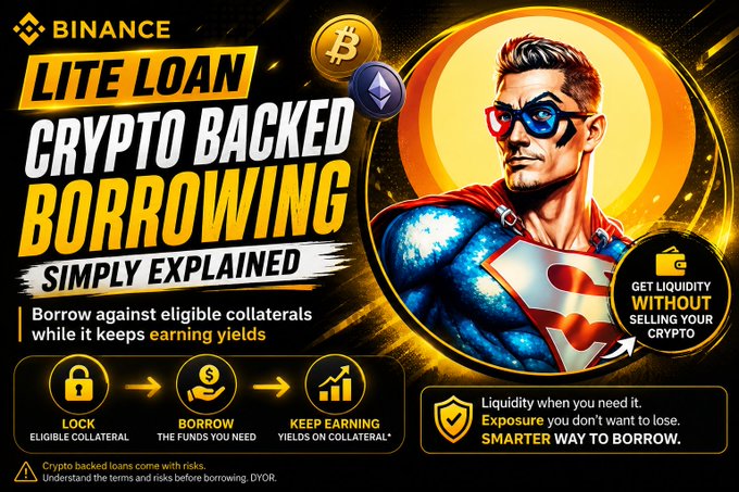 A Binance promotional graphic for "Lite Loan" explaining crypto-backed borrowing, featuring a superhero illustration and outlining a three-step process: lock eligible collateral, borrow funds, and keep earning yields.