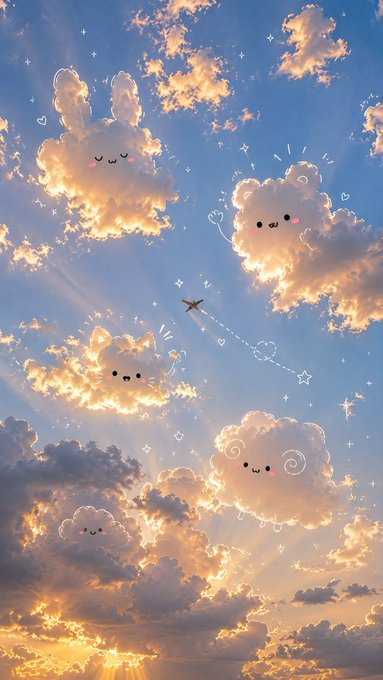 A smartphone wallpaper featuring fluffy white clouds with cute kawaii faces, hearts, and stars scattered across a golden sunset sky with a small airplane flying through.