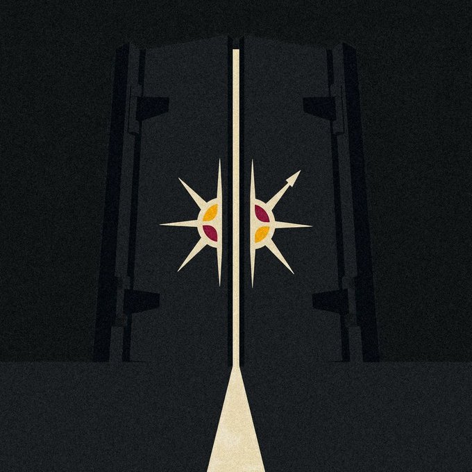 A pair of tall dark doors slowly parting, with a bright star-shaped emblem glowing in the widening gap, symbolizing the threshold between the pre-mine ending and the $gMCD token conversion/launch phase announced for Meridian CapDAO participants.