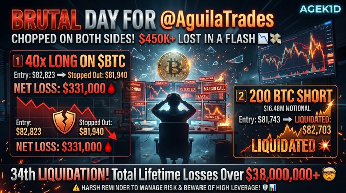 A dramatic 'AGEKID' graphic titled 'BRUTAL DAY FOR @AguilaTrades' details a trader's massive losses, including a '40x LONG ON $BTC' resulting in a 'NET LOSS: $331,000' and a '200 BTC SHORT' that was 'LIQUIDATED', totaling 'Over $38,000,000' in lifetime losses.