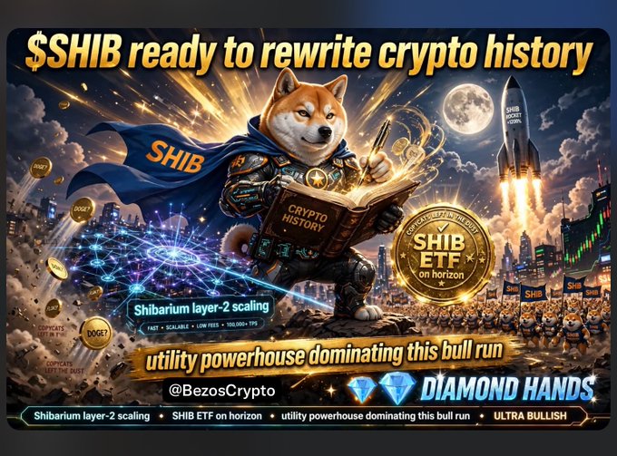 Crypto promotional graphic claiming '$SHIB ready to rewrite crypto history' featuring a Shiba Inu dog in armor holding a 'Crypto History' book, with mentions of Shibarium layer-2 scaling, SHIB ETF on horizon, and 'Diamond Hands'.