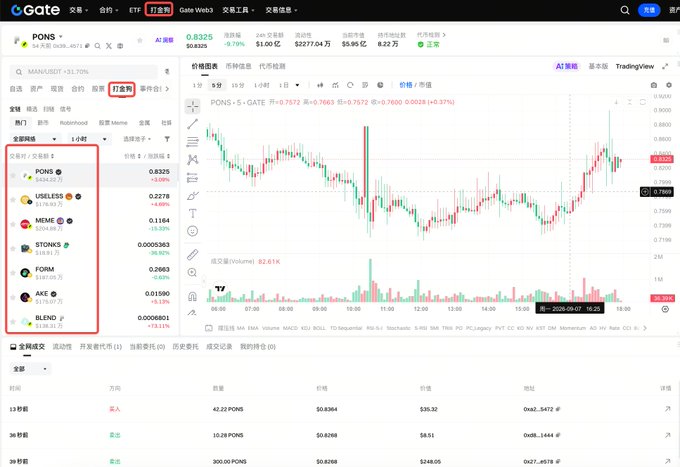 A Gate.io cryptocurrency exchange trading interface showing PONS token at $0.8325, with an order book listing tokens like USELESS, MEME, STONKS, FORM, AKE, and BLEND on the left sidebar.