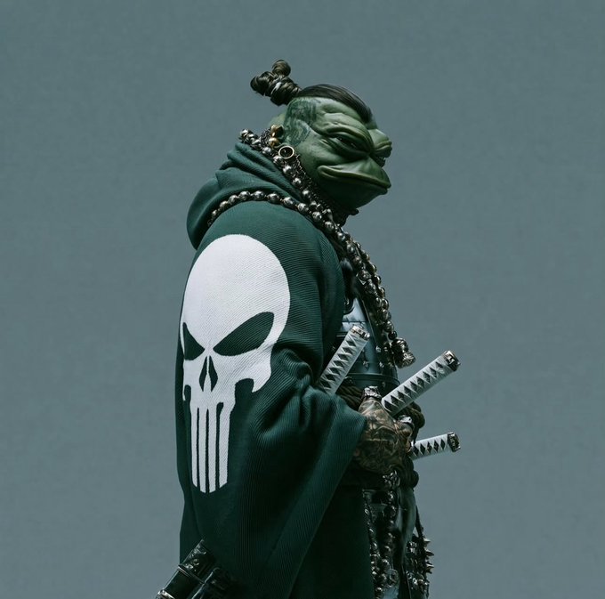 A green, fish-like creature wearing a dark hooded robe adorned with chains and a large white skull symbol, holding two sword hilts.