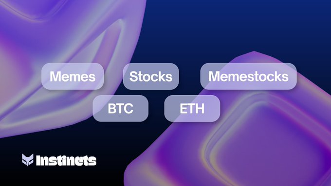 A purple abstract graphic by Instinets with labeled buttons for "Memes", "Stocks", "Memestocks", "BTC", and "ETH".