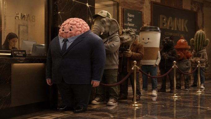 A whimsical scene inside a bank where anthropomorphic characters with heads of a brain, elephant, coffee cup, rat, fire hydrant, and cactus are waiting in line at the teller window, with a "Save for four." sign on the wall.
