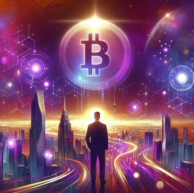 A silhouetted figure stands before a glowing Bitcoin emblem that radiates over a futuristic neon-lit cityscape, symbolizing the awe and uncertainty surrounding cryptocurrency's future. The Bitcoin symbol (₿) dominates the sky, visually anchoring the post's central theme of seeking answers to pressing questions about BTC's next market cycle, bear market bottom, or government adoption.