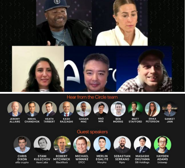 A video call screenshot featuring the Circle team—including Jeremy Allaire, Nikhil Chandhok, Heath Tarbert, Kash Razzaghi, Gağan Mac, Hao Min, Ben Morris, Matt Stafford, Erika Peterson, and Sanket Jain—along with guest speakers Chris Dixon (a16z crypto), Stani Kulechov (Aave Labs), Robert Mitchnick (BlackRock), Michael Winnike (DTCC), Merlin Egalite (Morpho), Sebastián Serrano (Ripio), Masashi Okuyama (SBI Holdings), and Hayden Adams (Uniswap), celebrating Arc's milestone and signaling continued support for the project's long-term growth.