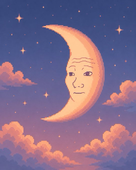 A digital illustration of a crescent moon with a serene, human-like face set against a pixel art starry night sky with pink and purple clouds.