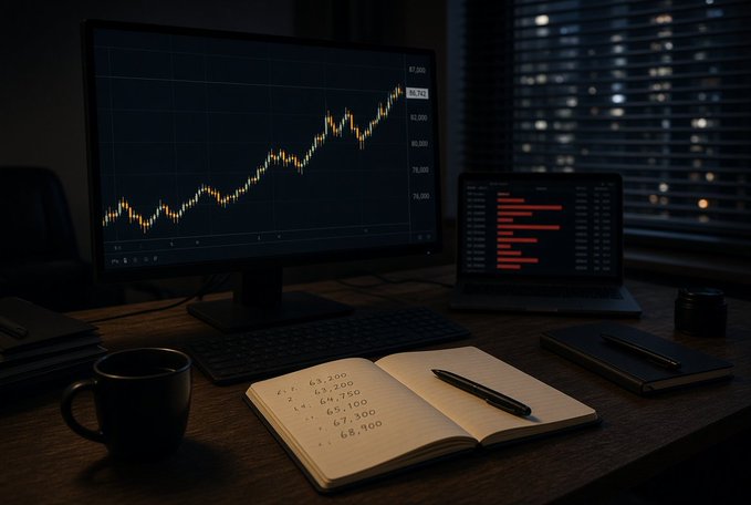 A dimly lit workspace features a large monitor displaying a candlestick stock chart trending upward to around 90,000, alongside a smaller laptop showing red horizontal bars, a notebook with handwritten figures, a pen, and a coffee mug, set against a window with city lights.