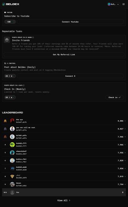 A Beldex dashboard interface displaying daily tasks to invite friends, post on X, and check in, along with a leaderboard ranking users by points.