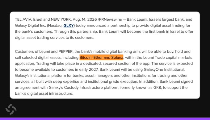 A press release graphic dated Aug. 14, 2026, announcing a partnership between Bank Leumi (Israel's largest bank) and Galaxy Digital Inc. (Nasdaq: GLXY) to provide digital asset trading for Bitcoin, Ether, and Solana, expected in early 2027.