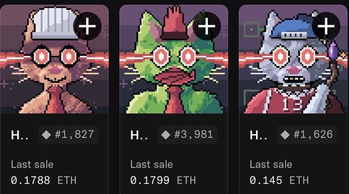Three pixel-art NFT cat characters are displayed on a dark interface with prices listed in ETH, showing last sales of 0.1788, 0.1799, and 0.145 ETH respectively.