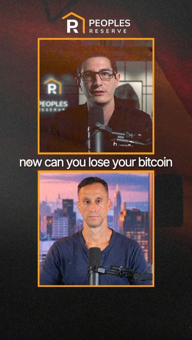 A People's Reserve social media graphic features two podcast clips with the question 'now can you lose your bitcoin' overlaid between images of two men.