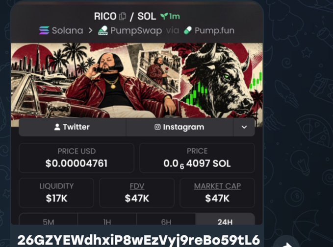 A screenshot of a Solana-based memecoin called "RICO" traded against SOL on PumpSwap via Pump.fun, showing a price of $0.00004761, liquidity of $17K, and a market cap of $47K.