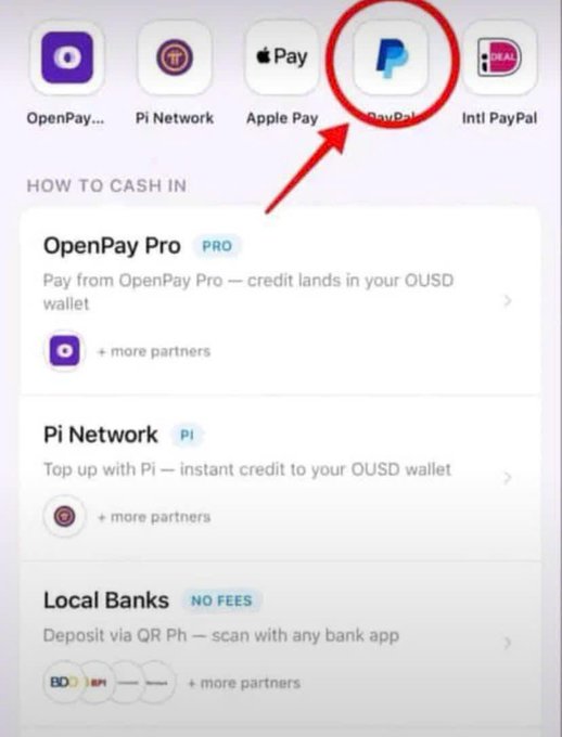The image shows a payment app interface with highlighted PayPal option, displaying cash-in methods including OpenPay Pro, Pi Network, Apple Pay, Local Banks, and Intl PayPal. The "Pi Network" option indicates users can top up their OUSD wallet with Pi, suggesting PayPal integration is coming to the Pi ecosystem following the Protocol 26 upgrade.