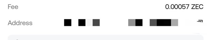 The image shows a transaction receipt with a fee of 0.00057 ZEC and a redacted address, illustrating the transaction details referenced in the post about sending ZEC to a Noir wallet, where the user questioned the $0.88 USD fee cost.