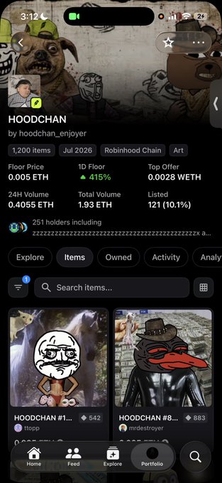 A screenshot of the HOODCHAN NFT collection on Robinhood Chain shows a floor price of 0.005 ETH with a 415% 1D increase, reflecting the "Retards assembling" rallying call for buyers to accumulate at lower prices.
