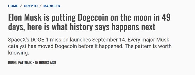 A news article headline reads: 'Elon Musk is putting Dogecoin on the moon in 49 days, here is what history says happens next', with a subhead mentioning SpaceX's DOGE-1 mission launching September 14.