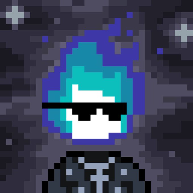 A pixel art image depicts a hooded figure with teal hair, black sunglasses, and a dark outfit against a starry background, representing the NFT character "Hot Head Stark #084" being auctioned on mallowdotart.