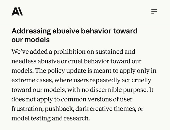 An OpenAI policy announcement titled "Addressing abusive behavior toward our models," stating a prohibition on sustained and needless abusive or cruel behavior, excluding common frustration or dark creative themes.