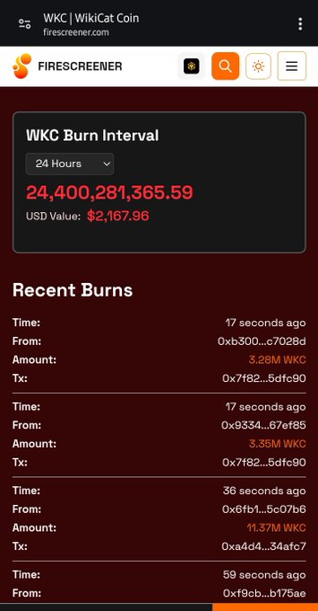 A mobile screenshot from 'FIRESCREENER' showing the 'WKC | WikiCat Coin' burn interval, displaying a 24-hour total of '24,400,281,365.59' WKC and a list of 'Recent Burns' with transaction details.