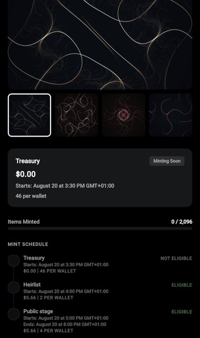 A dark-themed interface for an NFT minting platform showing a 'Treasury' stage priced at $0.00, starting August 20 at 3:30 PM GMT+01:00, with a 'Mint Schedule' listing Treasury, Heirlist, and Public stage details.