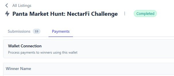 A web interface for a 'Panta Market Hunt: NectarFi Challenge' showing a 'Completed' status, with tabs for 'Submissions' (59) and 'Payments' featuring a 'Wallet Connection' section.
