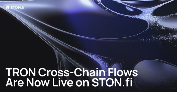 A sleek, dark futuristic graphic with flowing abstract blue and purple liquid-like shapes displays the STON.fi logo in the top left corner. Bold white text reads "TRON Cross-Chain Flows Are Now Live on STON.fi," visually announcing the integration described in the post about enabling seamless stablecoin transfers across chains.