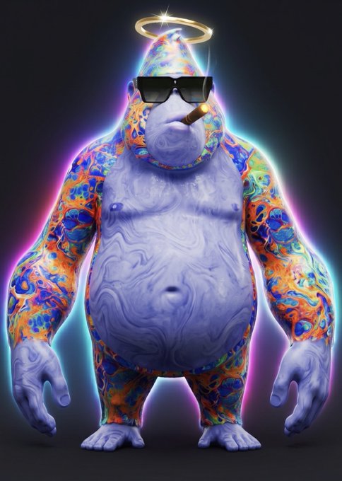 A muscular, tattooed ape with a glowing halo, sunglasses, and a cigar stands confidently against a neon-lit background, representing the iconic Degen Ape Academy NFT collection. The image's tough, "cool ape" aesthetic pairs perfectly with the post's casual, hype-building message about upcoming work from the DegenApeAcademy team.