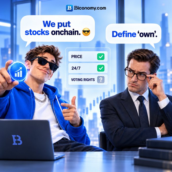 An advertisement for Biconomy.com showing two men debating, with speech bubbles reading 'We put stocks onchain. 😎' and 'Define 'own'.', alongside a checklist for PRICE, 24/7, and VOTING RIGHTS.