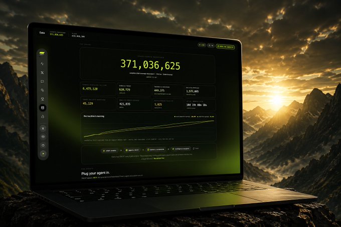 A laptop displaying a financial dashboard with a large number '371,036,625' and various charts, set against a dramatic mountainous landscape at sunset.