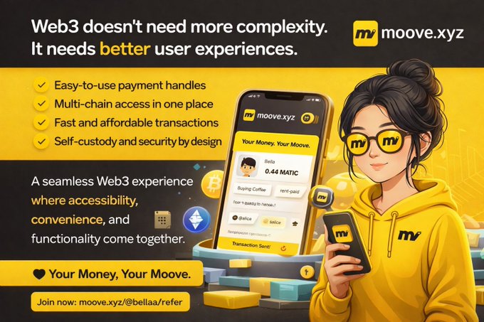The image features a woman wearing a yellow hoodie holding up her phone displaying a cryptocurrency wallet app. The text on the image reads "Web3 doesn't need more complexity. It needs better user experiences. That's one reason @moovexyz continues to stand out". This suggests that the app is designed with simplicity and ease of use in mind, catering to the needs of everyday users who want a straightforward experience when managing their cryptocurrency assets.