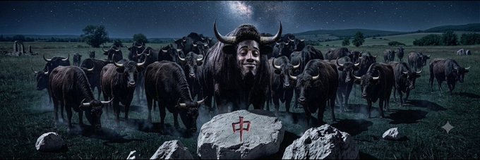 A herd of yaks is gathered under the stars in a field, with a prominent yak featuring a human-like face in the center. A rock in front of it is marked with the Chinese character "中".