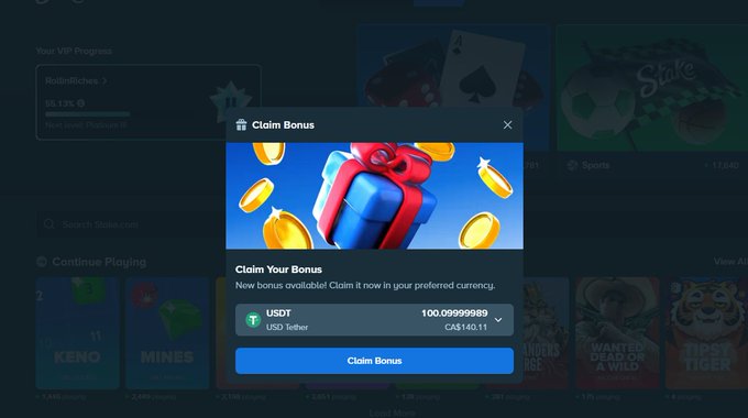 A "Claim Bonus" pop-up on Stake.com offers a new bonus of 100.0999989 USDT (CA$140.11) in a blue gift box graphic, corresponding to the user's appreciation for receiving a birthday bonus from the platform.