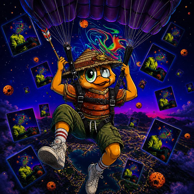 A vibrant digital illustration depicts a cartoon character with large green eyes and a straw hat descending through a surreal, starry sky with city lights below, surrounded by floating rectangular screens displaying green faces.