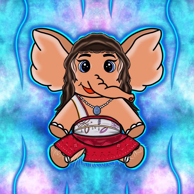 A cartoon-style digital illustration of an anthropomorphic creature with large ears, brown hair, and a red skirt, playfully holding its trunk-like nose over its mouth.