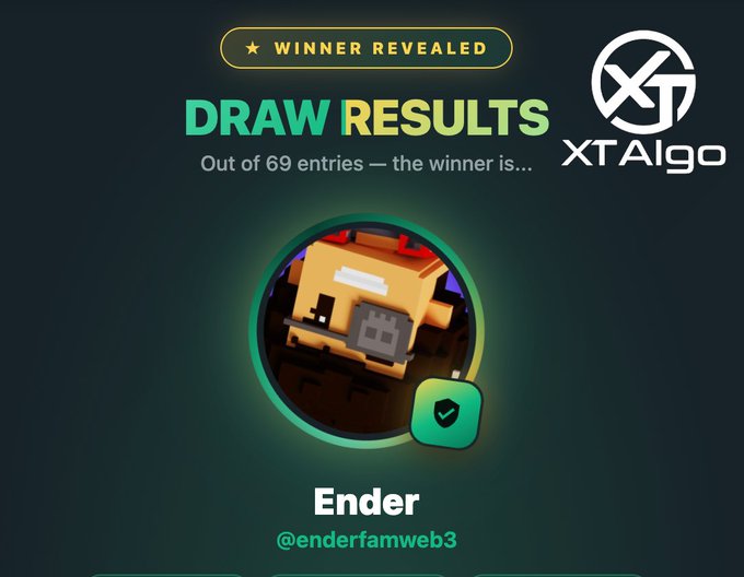 A digital graphic announcing 'Winner Revealed DRAW RESULTS' for XTAlgo, showing the winner 'Ender' (@enderfamweb3) with a pixelated avatar.