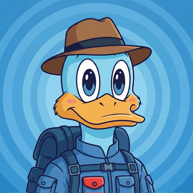 A cartoon duck mascot wearing a brown fedora and blue jacket with a backpack, shown against a blue concentric circle background. The image appears to be the "honorary" duck character artwork mentioned in the post, representing the project that ultimately turned out to be a rug pull despite its quality design.