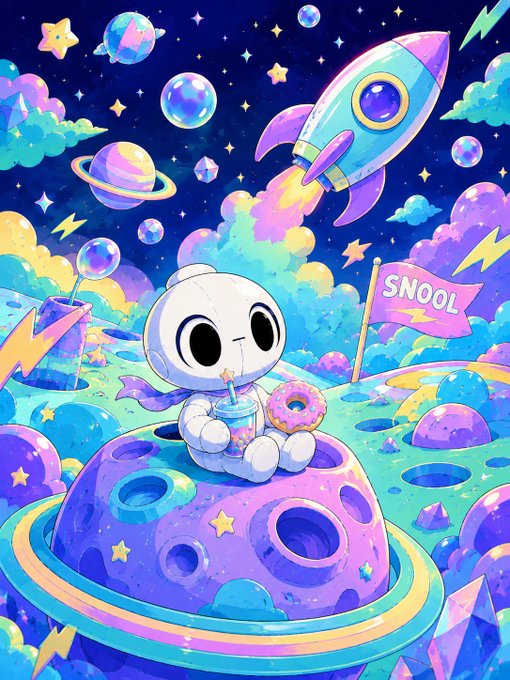 A vibrant digital illustration showing a white cartoon character sitting on a purple planetoid, drinking from a cup and holding a donut, with a rocket ship, colorful bubbles, and a flag labeled 'SNOOL' in a cosmic setting.