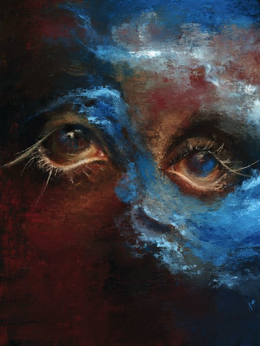 A close-up painting of a face dominated by intense, expressive eyes, rendered in moody blues, deep reds, and dark shadows with expressive brushstrokes.