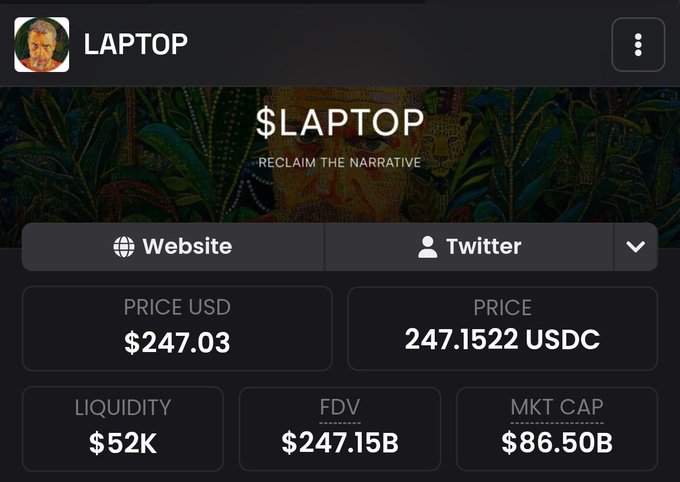 A screenshot of the $LAPTOP token ("Reclaim the Narrative") showing a market cap of $86.50B and FDV of $247.15B, humorously illustrating the post's shock at the absurd valuation just after launch, with a price of $247.03 USD (247.1522 USDC) and only $52K in liquidity.