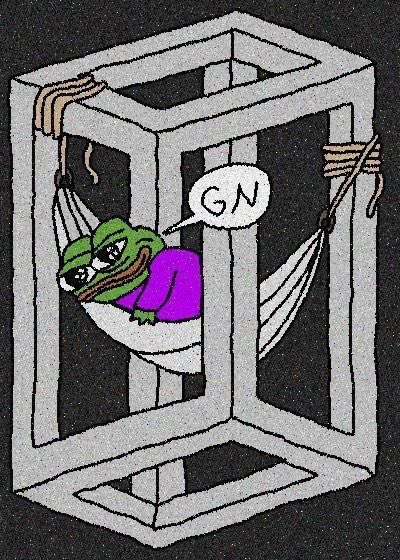 A drawing of a sad Pepe frog in a hammock inside an open cube frame, saying 'GN' (good night).